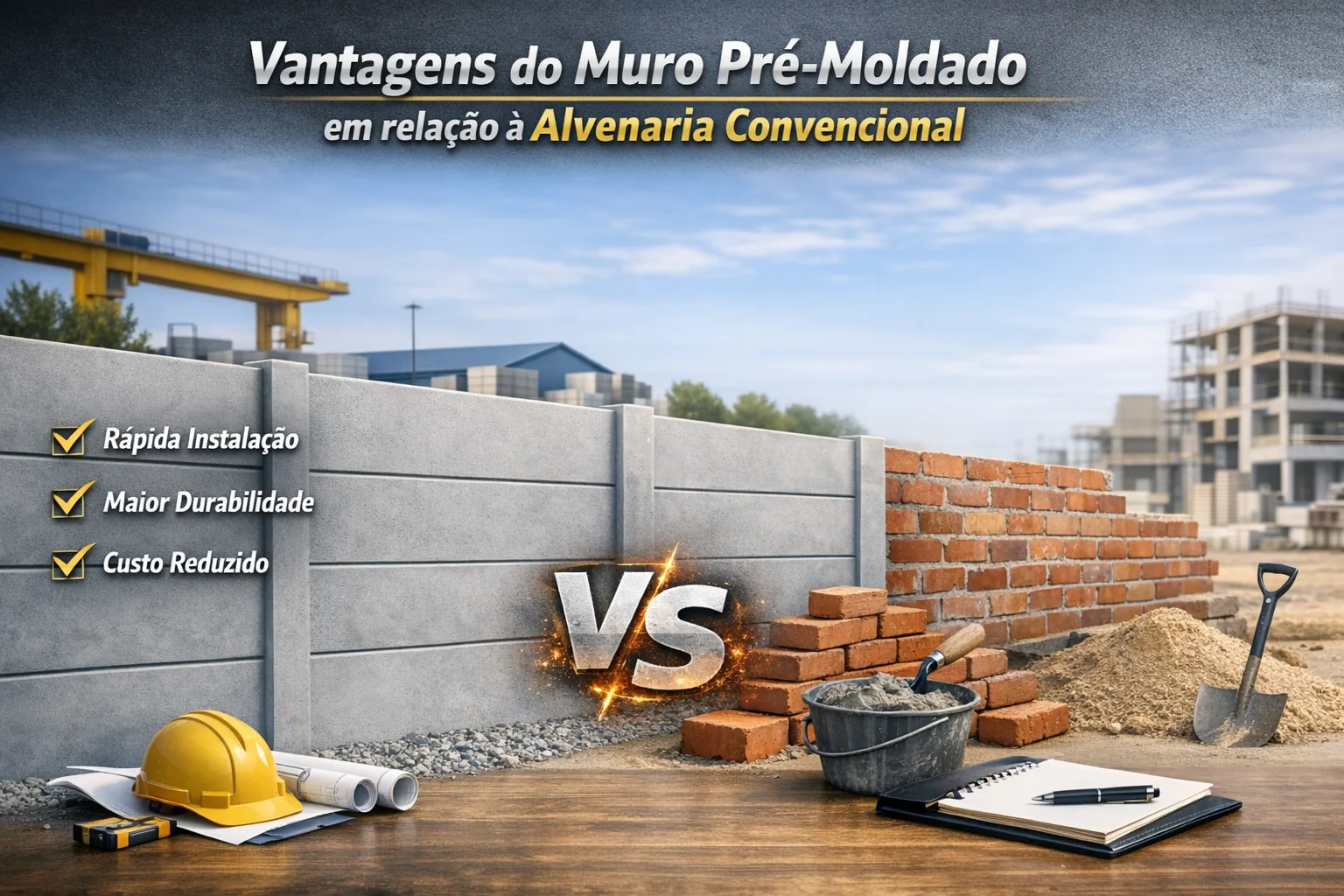 Comparativo entre muro pré-moldado e alvenaria convencional mostrando rapidez, durabilidade e economia.