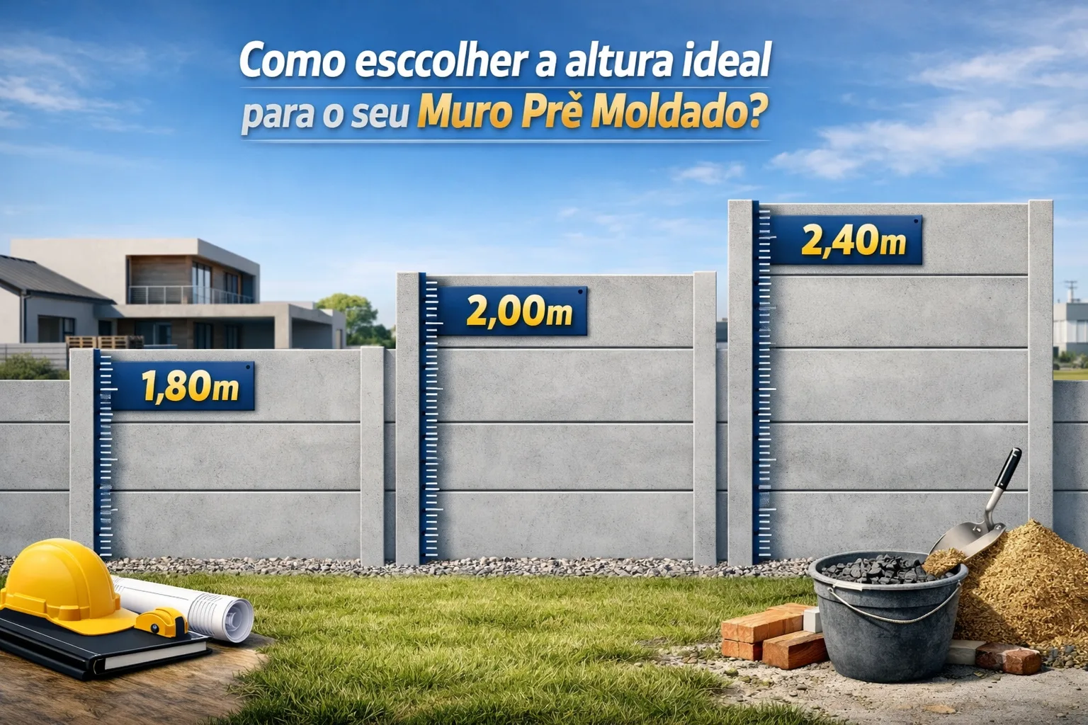 Três muros pré-moldados lado a lado com alturas de 1,80m, 2,00m e 2,40m.
