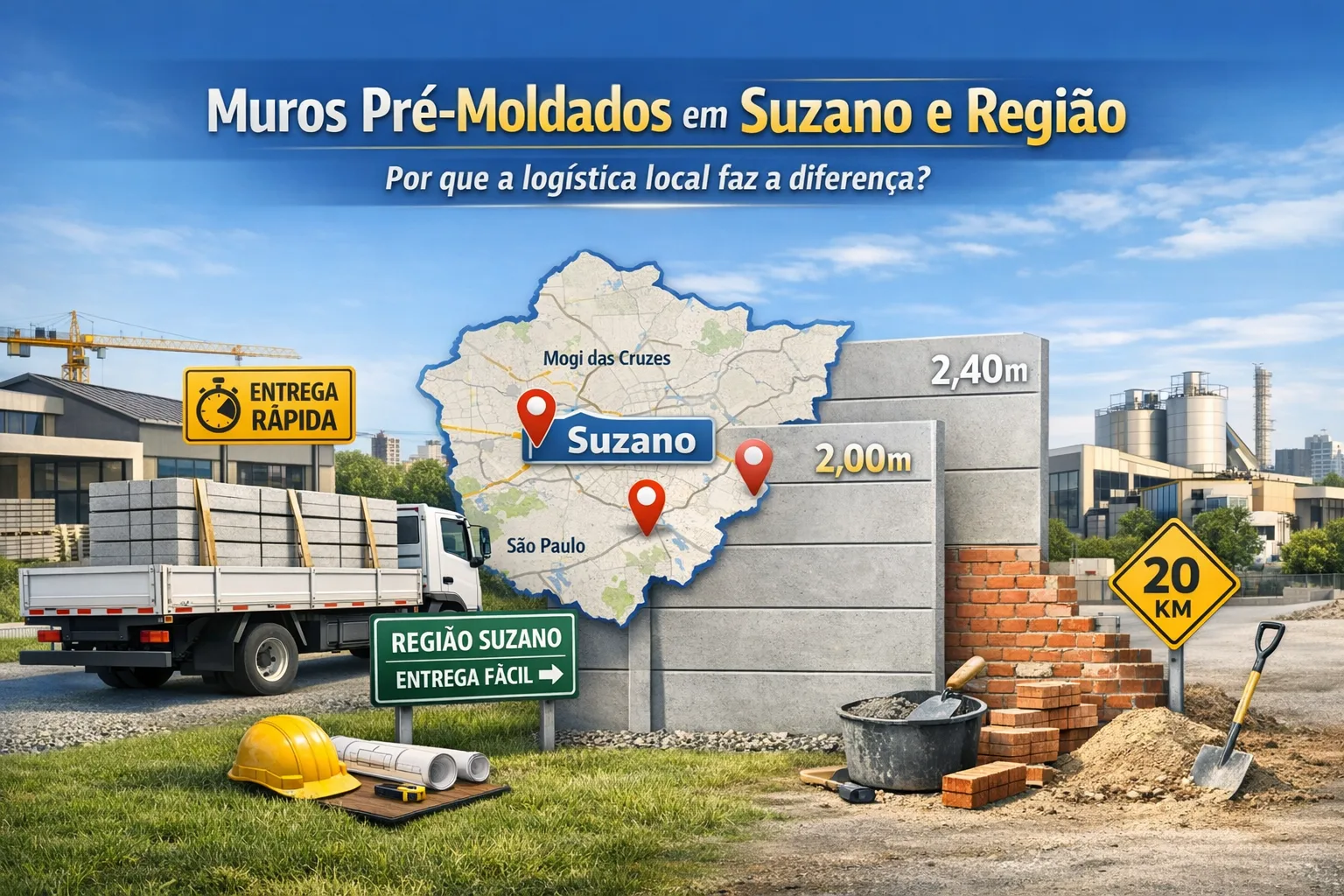Mapa de Suzano e região com caminhão e fábrica de muros pré-moldados.