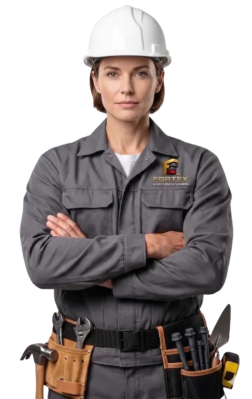 Especialista técnica da Fortex Base com uniforme cinza e capacete branco, transmitindo autoridade e profissionalismo na gestão de projetos de muros pré-moldados.