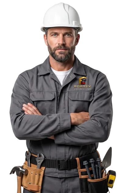 Especialista em instalação de muros pré-moldados da Fortex Base em Suzano, vestindo uniforme cinza e capacete branco, representando a segurança e qualidade técnica da empresa.