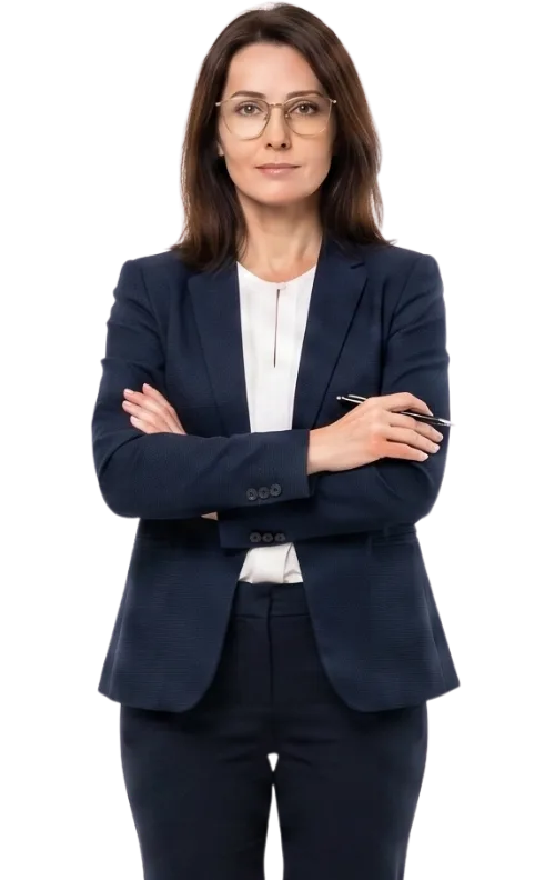 Mulher executiva com óculos e blazer navy, segurando um questionário e lendo atentamente, representando a análise detalhada das dúvidas frequentes sobre muros pré-moldados da Fortex Base.