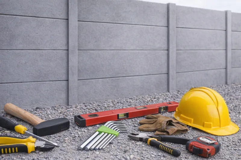 Fundo com muro pré-moldado e ferramentas de construção sobre