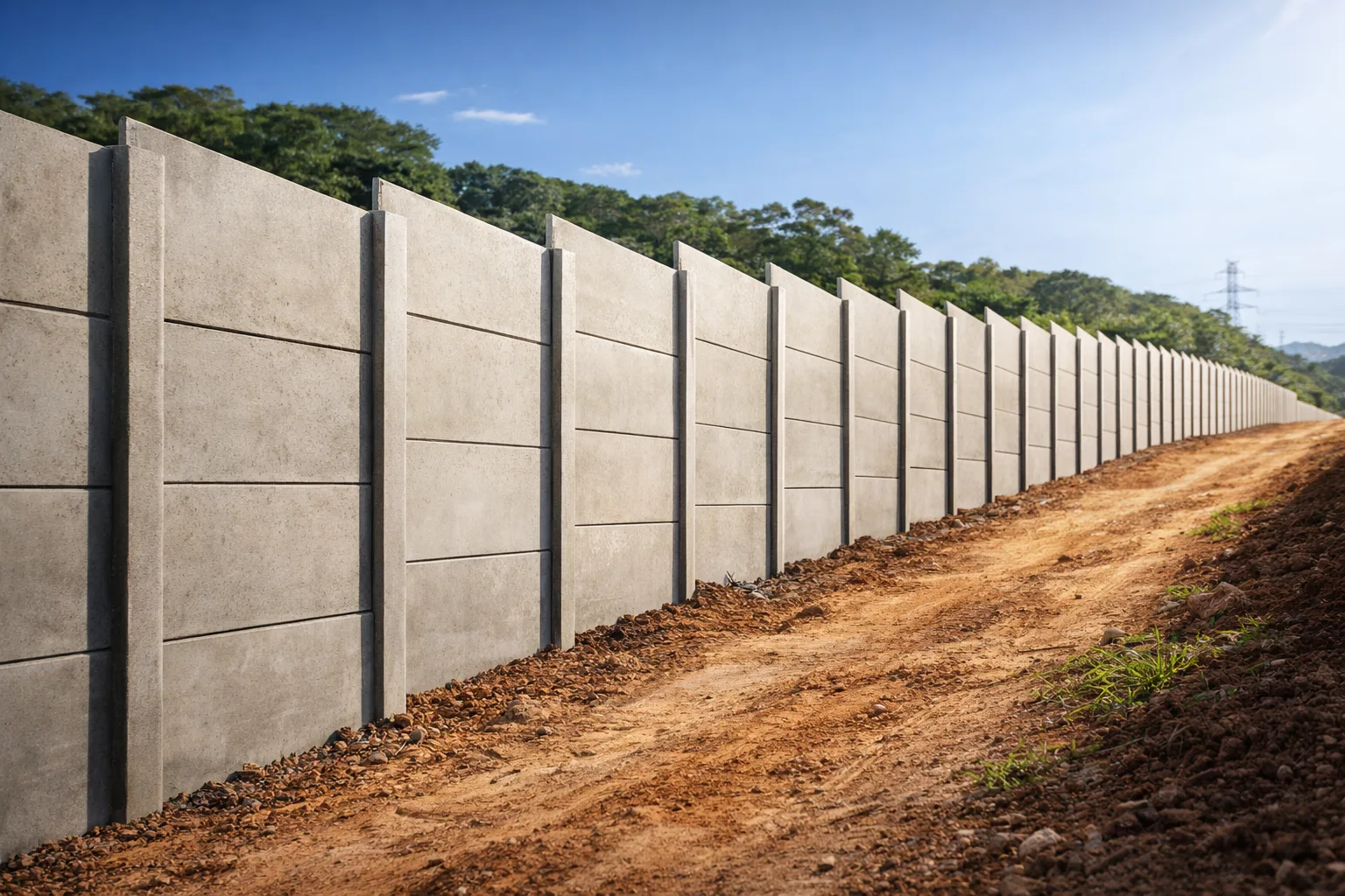 Muro pré-moldado de concreto de alta resistência instalado pela Fortex Base em terreno inclinado (aclive), demonstrando a capacidade técnica da empresa em Suzano e região.